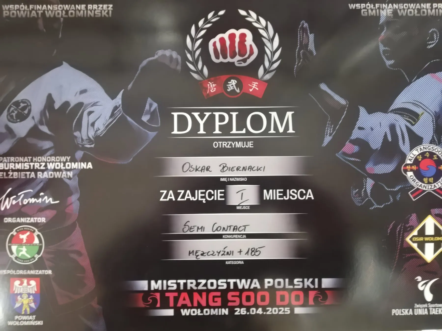 Dyplom za pierwsze miejsce w Mistrzostwach Polski Tang Soo Do, Wołomin 2025